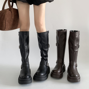 Rudi retro stiliaus storapadiai moteriški ilgaauliai batai, 2025 m. nauji vasaros ūgį didinantys liekninantys britiško stiliaus jojimo batai