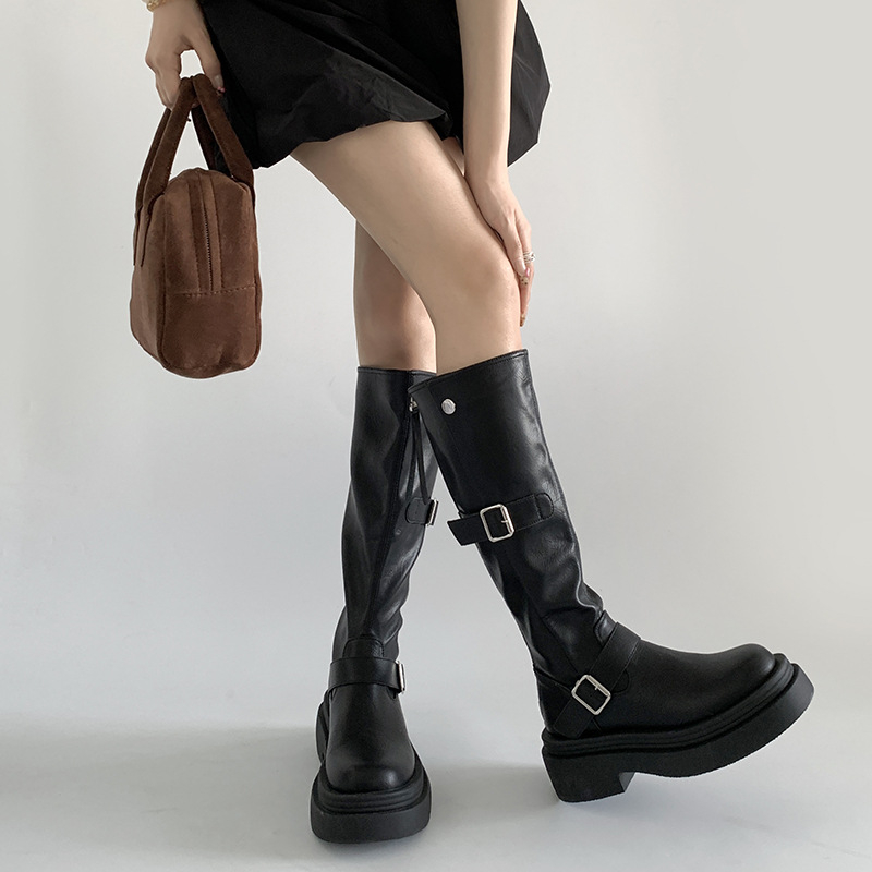 Rudi retro stiliaus storapadiai moteriški ilgaauliai batai, 2025 m. nauji vasaros ūgį didinantys liekninantys britiško stiliaus jojimo batai