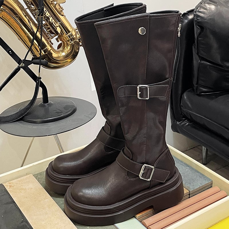 Rudi retro stiliaus storapadiai moteriški ilgaauliai batai, 2025 m. nauji vasaros ūgį didinantys liekninantys britiško stiliaus jojimo batai