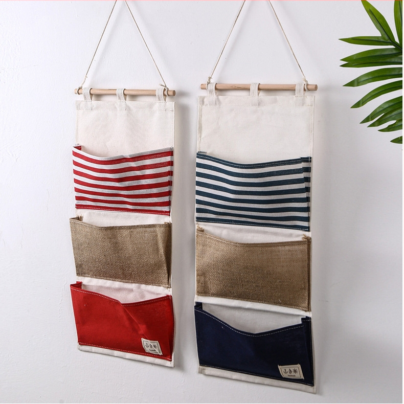 Автентична многофункционална чанта за съхранение с 3 джоба в стил Nautica, за стена, с дървена пръчка, чанта за висяне от плат, стенна чанта