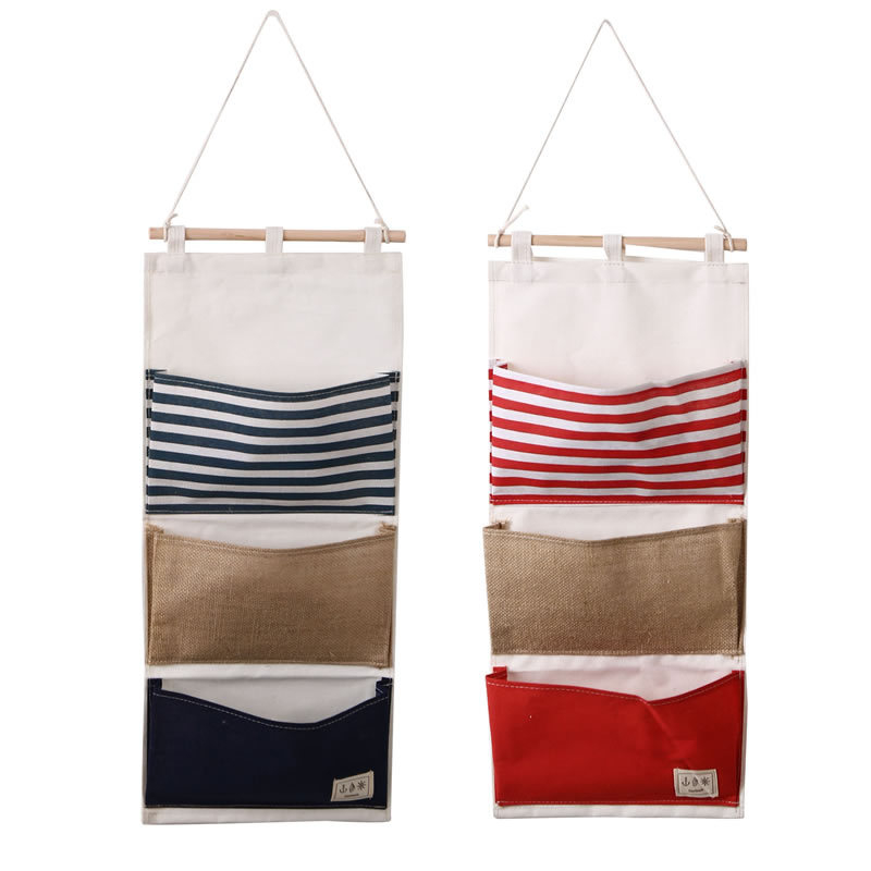 Autentiškas „Nautica“ stiliaus daugiafunkcis sujungiamas pakabinamas krepšys su 3 kišenėmis, sieninis daiktadėžės laikiklis su mediniu pagaliuku, audinio pakabinamas krepšys