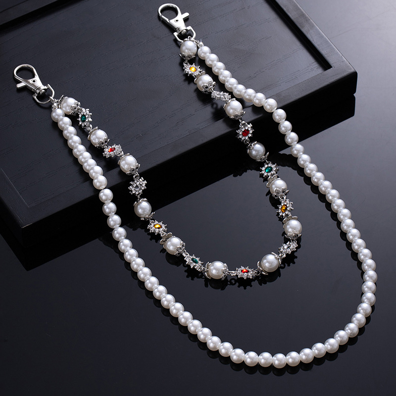 Europietiško ir amerikietiško pankroko stiliaus hiphopo dvisluoksnė perlų spalvos deimantinė gėlė juosmens grandinėlė, madinga, madinga, stilinga džinsų grandinėlė, moteriški saldūs aksesuarai