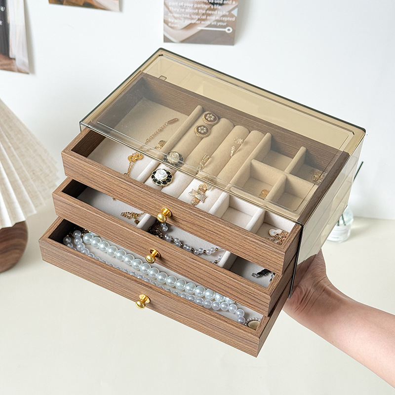 Riešutmedžio papuošalų dėžutė, stalinė, retro papuošalų laikymo dėžutė, daugiasluoksnė papuošalų dėžutė, auskarai, karoliai, papuošalų laikymo dėžutė