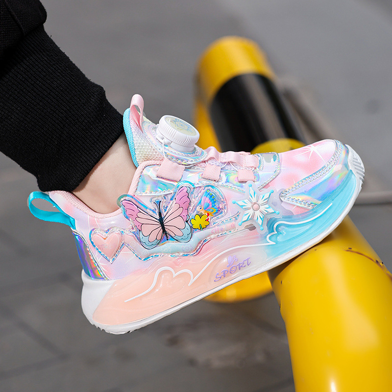 Vaikiški batai, vaikiški sportbačiai su sagomis, 2025 m. pavasario ir rudens naujo stiliaus, languoti, smūgius sugeriantys, mergaitiški, tinkliniai, neslystantys, kvėpuojantys bėgimo bateliai.