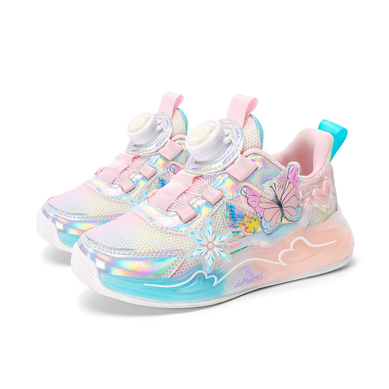 Vaikiški batai, vaikiški sportbačiai su sagomis, 2025 m. pavasario ir rudens naujo stiliaus, languoti, smūgius sugeriantys, mergaitiški, tinkliniai, neslystantys, kvėpuojantys bėgimo bateliai.