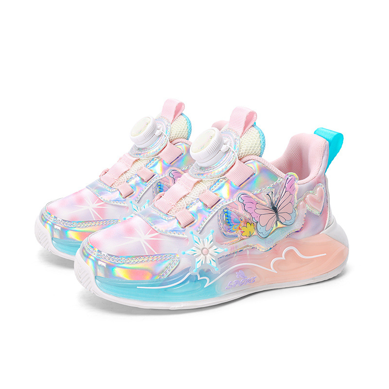 Vaikiški batai, vaikiški sportbačiai su sagomis, 2025 m. pavasario ir rudens naujo stiliaus, languoti, smūgius sugeriantys, mergaitiški, tinkliniai, neslystantys, kvėpuojantys bėgimo bateliai.