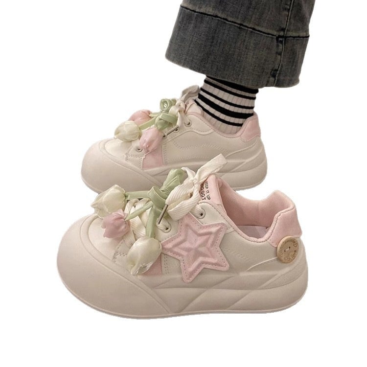 Unikalūs „Sweet Tulip“ aukštos kokybės storapadžiai mokasinai moterims, 2025 m. nauji balti batai, universalūs sportbačiai moterims