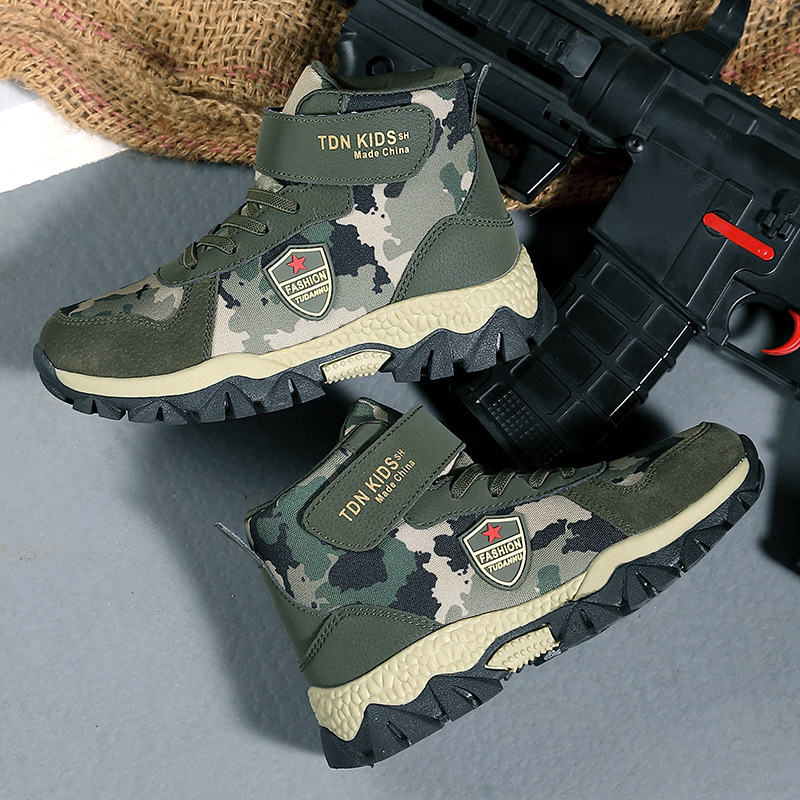 2024 m. rudens ir žiemos nauji lauko kamufliažiniai vieno sluoksnio batai, sportiniai madingi, patogūs, aukšti kamufliažiniai vaikiški batai vidurinės mokyklos mokiniams