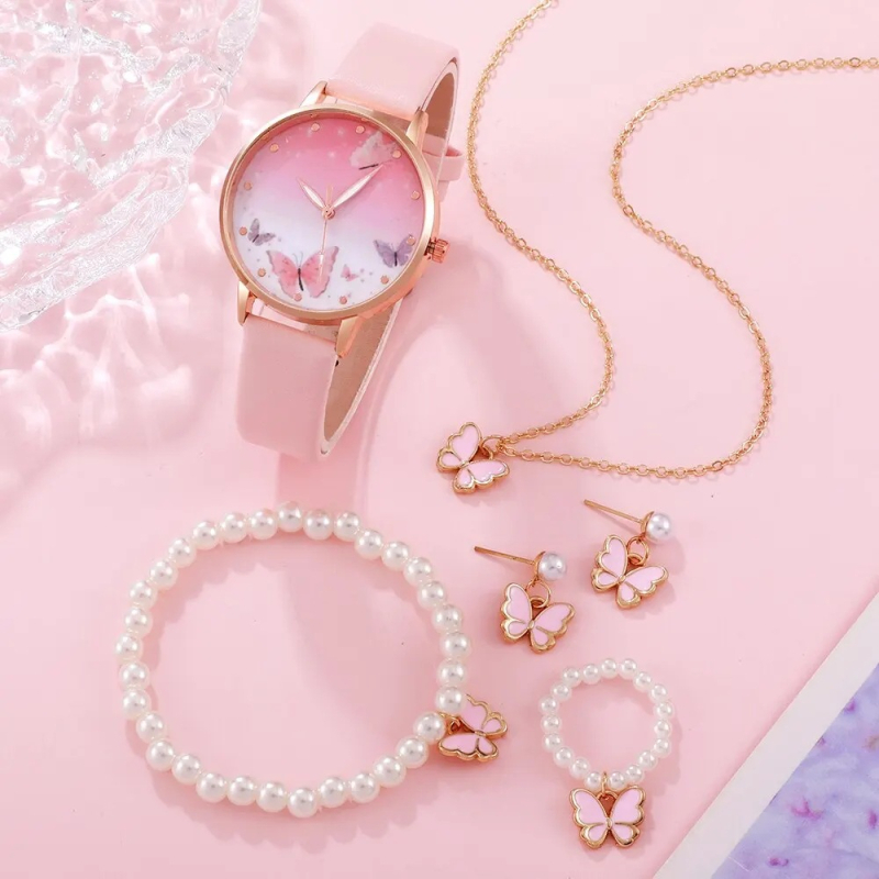 Paauglių studentų laikrodžių apyrankių rinkinys, drugelio formos diržas, laikrodis + grandinėlė, 5 vnt. / rinkinys, madingas prekės ženklas