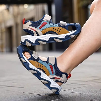 Pārrobežu bērnu sandales ar Velcro aizdari zēniem, jaunas vasaras Baotou mīkstās zoles zēnu sporta pludmales apavi, lieli bērnu apavi