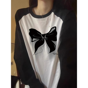 Női plus size női színes betétes tiszta pamut hosszú ujjú kontrasztos varrású mintás póló 24 tavaszi és őszi új hétköznapi laza felsőruházat