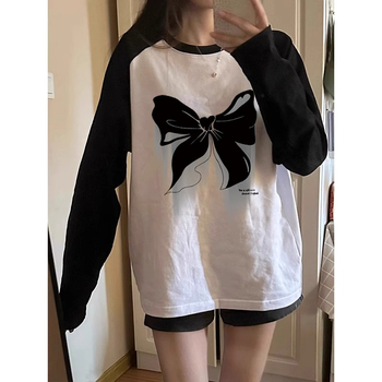 Női plus size női színes betétes tiszta pamut hosszú ujjú kontrasztos varrású mintás póló 24 tavaszi és őszi új hétköznapi laza felsőruházat