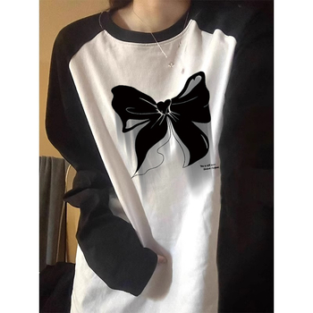 Női plus size női színes betétes tiszta pamut hosszú ujjú kontrasztos varrású mintás póló 24 tavaszi és őszi új hétköznapi laza felsőruházat