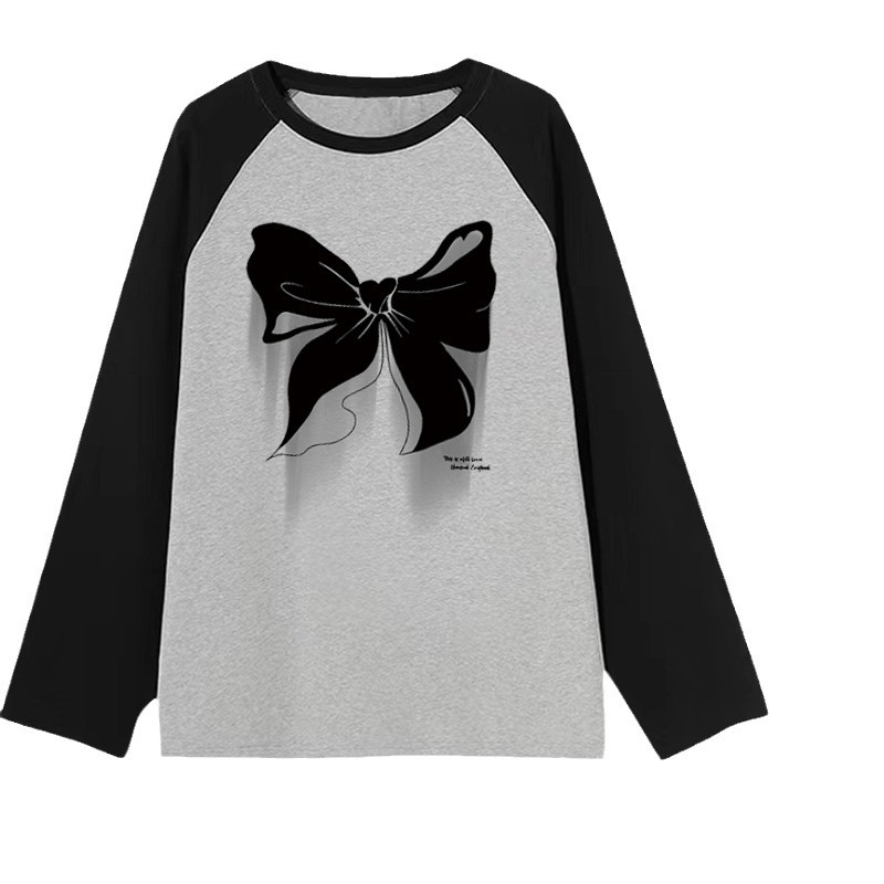 Női plus size női színes betétes tiszta pamut hosszú ujjú kontrasztos varrású mintás póló 24 tavaszi és őszi új hétköznapi laza felsőruházat