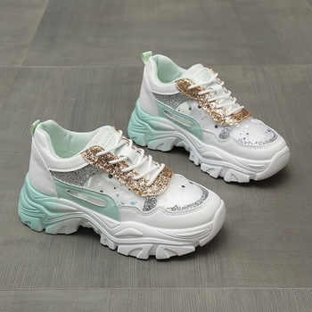 Γυναικεία αθλητικά παπούτσια μονόχρωμα 2024 νέα κορεάτικα casual mesh αναπνεύσιμο sequin παχύ κάτω επίπεδο daddy shoes