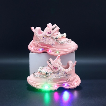 2025 Άνοιξη και Φθινόπωρο Νέα Κορίτσια Φωτιζόμενα Παπούτσια με Μαλακή Σόλα και Αλυσίδα Πριγκίπισσας για Παιδιά και Μεσήλικες