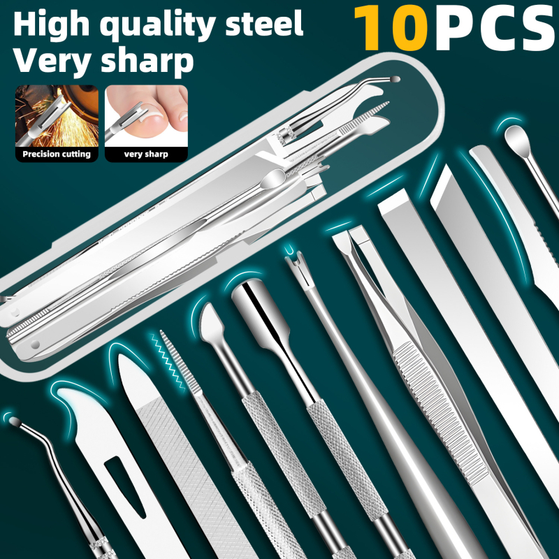 Комплект за маникюр и педикюр от неръждаема стомана, включващ пила за уши и нокти, стоманен тласкач, пила за нокти, вилица за кожички, десет части