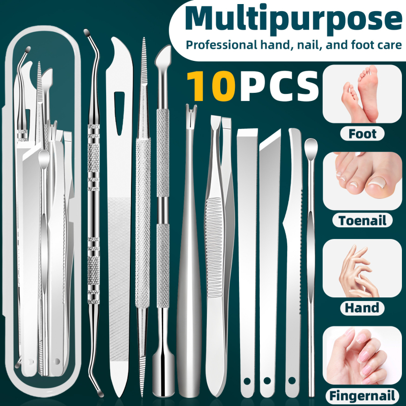 Комплект за маникюр и педикюр от неръждаема стомана, включващ пила за уши и нокти, стоманен тласкач, пила за нокти, вилица за кожички, десет части