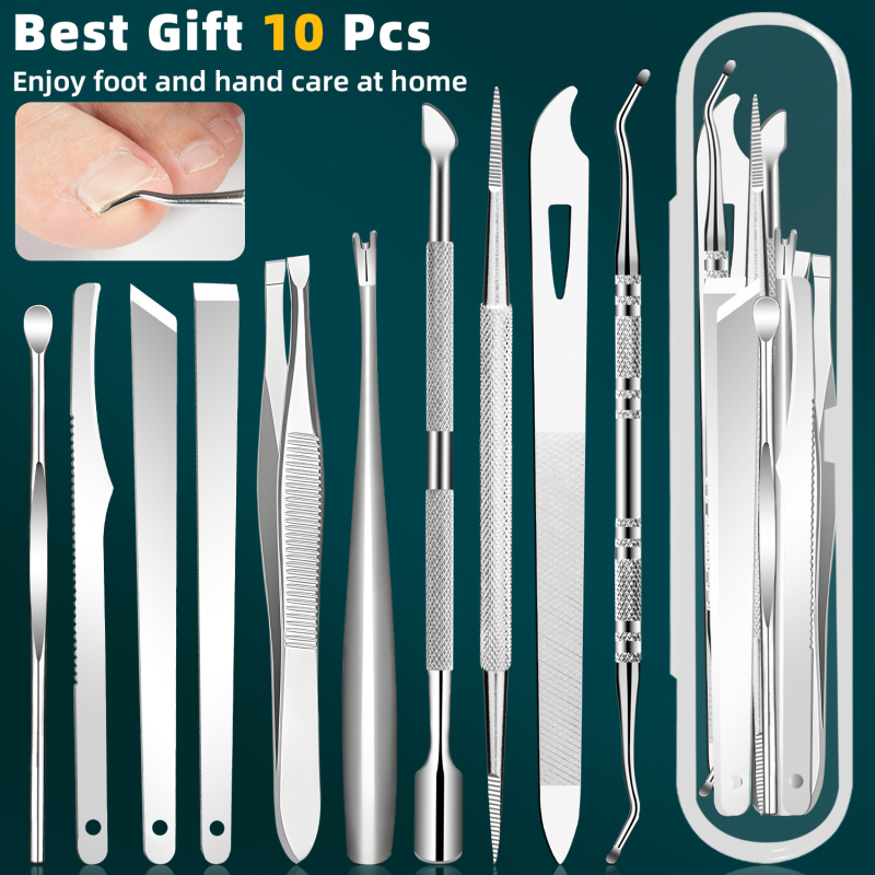 Комплект за маникюр и педикюр от неръждаема стомана, включващ пила за уши и нокти, стоманен тласкач, пила за нокти, вилица за кожички, десет части