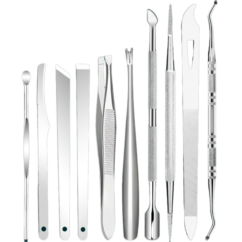 Комплект за маникюр и педикюр от неръждаема стомана, включващ пила за уши и нокти, стоманен тласкач, пила за нокти, вилица за кожички, десет части