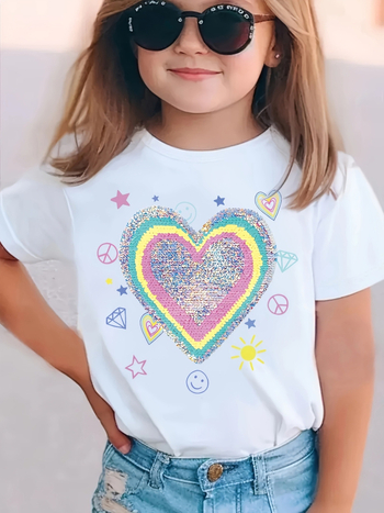 Užsienio prekybos „Shopee Aliexpress“ mados laisvalaikio kūrybinės širdies blizgučių rašto mergaičių trumpomis rankovėmis