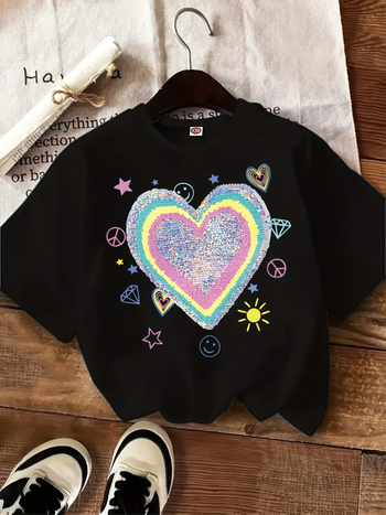 Užsienio prekybos „Shopee Aliexpress“ mados laisvalaikio kūrybinės širdies blizgučių rašto mergaičių trumpomis rankovėmis