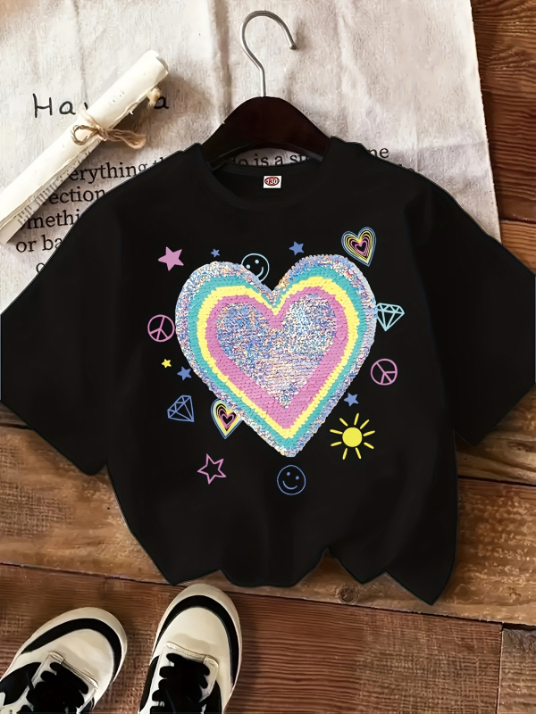 Užsienio prekybos „Shopee Aliexpress“ mados laisvalaikio kūrybinės širdies blizgučių rašto mergaičių trumpomis rankovėmis