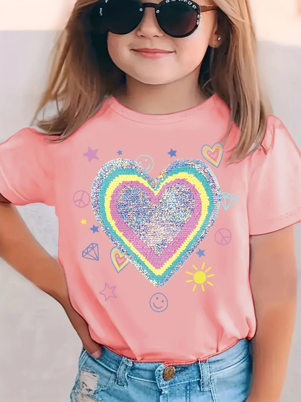 Užsienio prekybos „Shopee Aliexpress“ mados laisvalaikio kūrybinės širdies blizgučių rašto mergaičių trumpomis rankovėmis