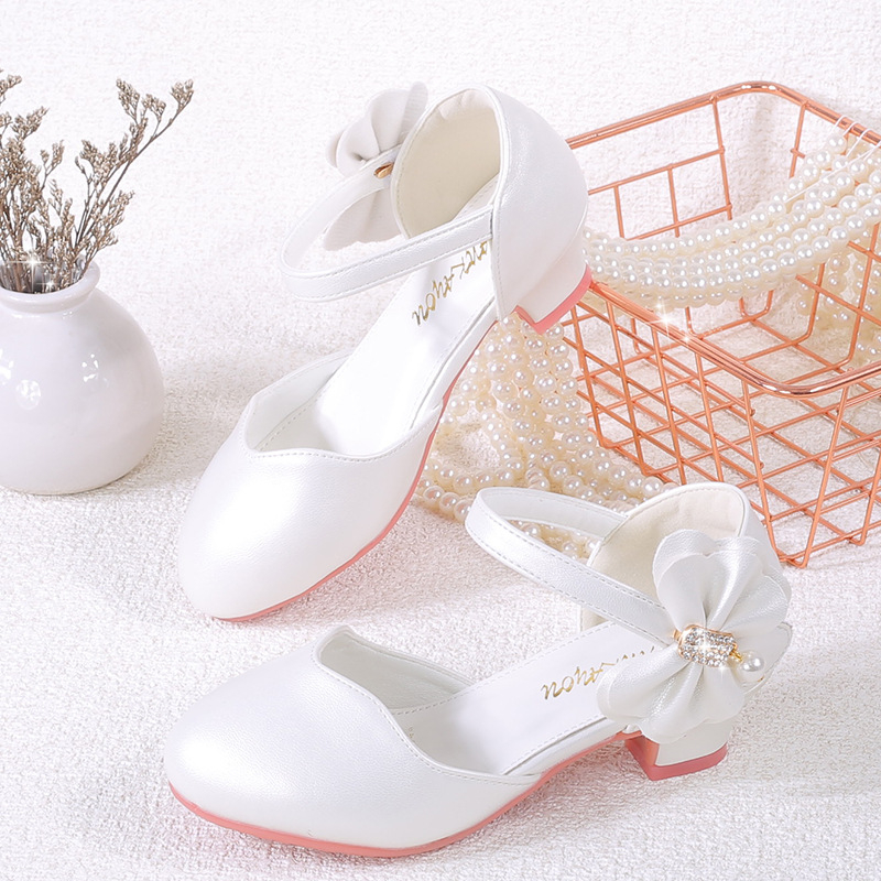 2025. gada jaunas bērnu princeses kurpes, baltas, rozā, korejiešu stila, augstpapēžu, pērļu bantītes, ādas kurpes, meiteņu pirkstgals