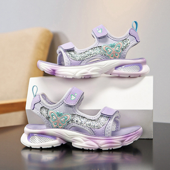 Meiteņu sandales 2025. gada vasarai. Jaunas, mīkstas zoles, neslīdošas, vidēji lielas bērnu pludmales kurpes, vaļējas purngalas, elpojošas, meiteņu sporta sandales.