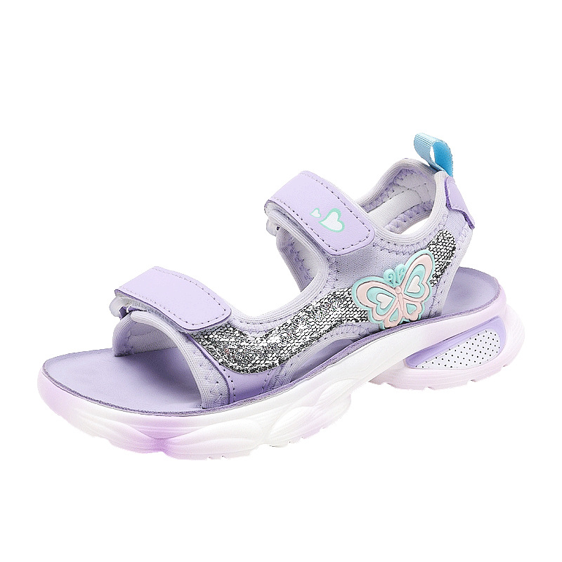 Meiteņu sandales 2025. gada vasarai. Jaunas, mīkstas zoles, neslīdošas, vidēji lielas bērnu pludmales kurpes, vaļējas purngalas, elpojošas, meiteņu sporta sandales.