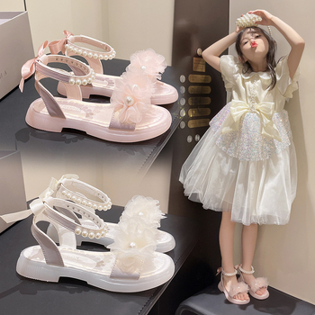 Meiteņu sandales Stilīgas mazas meitenes princeses kurpes 2024. gada jaunās vasaras bērnu Chanel stila neslīdošas romiešu kurpes, modernas