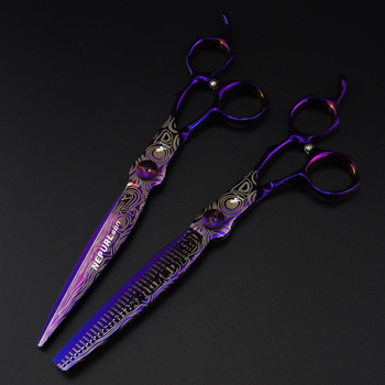 Лилава 7.0-инчова машинка за подстригване Nepsen Purple Steel Damascus, тънка машинка за подстригване на зъби