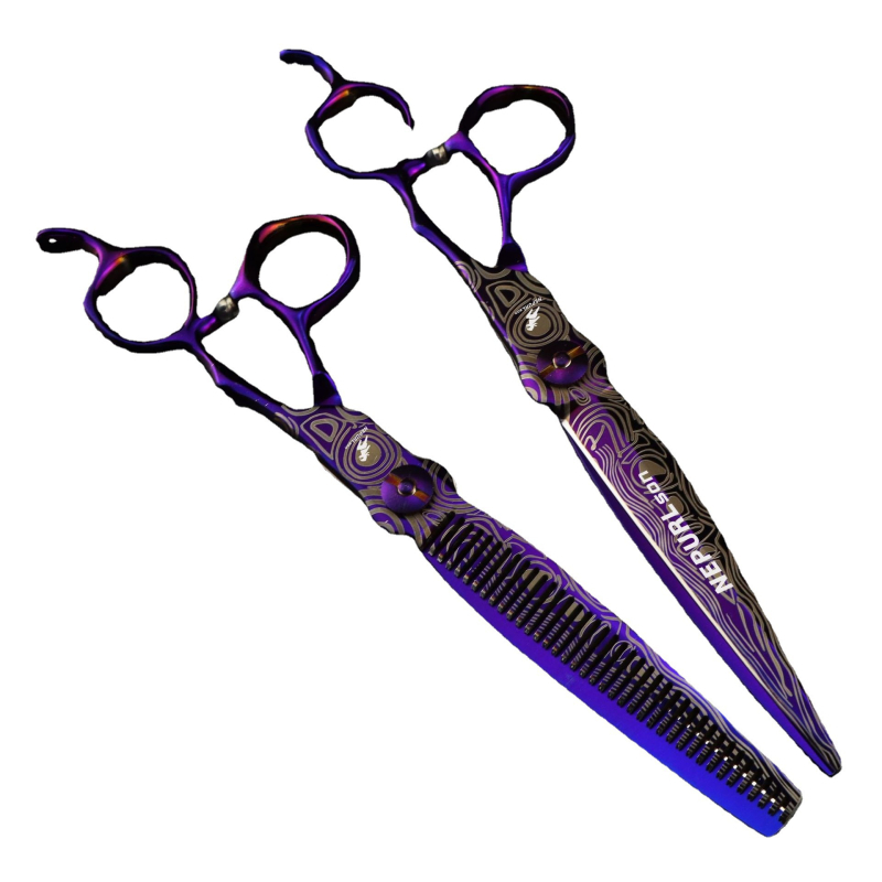 Лилава 7.0-инчова машинка за подстригване Nepsen Purple Steel Damascus, тънка машинка за подстригване на зъби