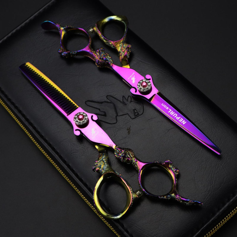 6.0-инчови фризьорски ножици Neptsen с форма на меч, дръжка дракон, плоски ножици за бръснарство, тънки ножици