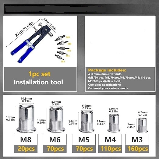 Комплект инструменти за нитове под налягане, 430 части метрична комбинация от нитове (M8/M6/M5/M4/M3)