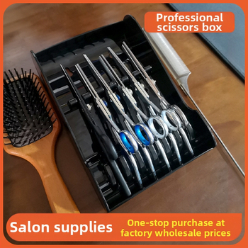 Kirpyklos žirklių dėžutė, kirpyklos laikymo lentynėlė, kirpyklos kirpėjas, specialus laikiklis, padėklas, kirpyklos įrankiai