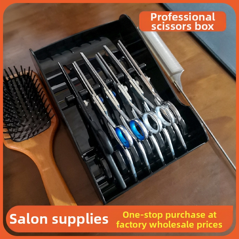 Kirpyklos žirklių dėžutė, kirpyklos laikymo lentynėlė, kirpyklos kirpėjas, specialus laikiklis, padėklas, kirpyklos įrankiai