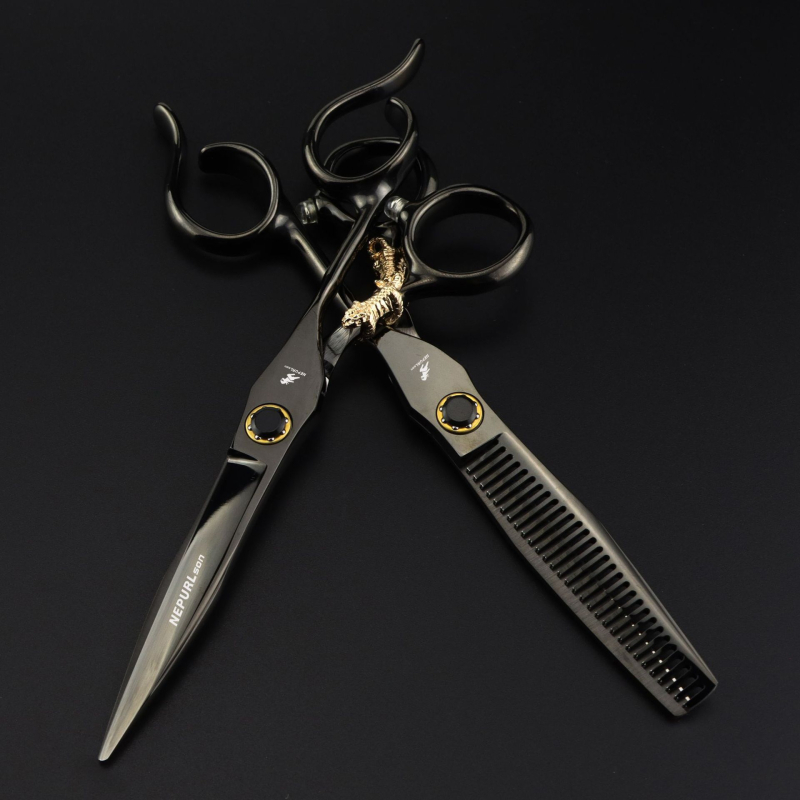 6.0 инча Neptsen черна стоманена дръжка с малък златен тигров лагер винт фризьорски ножици ножици за коса тънки зъби