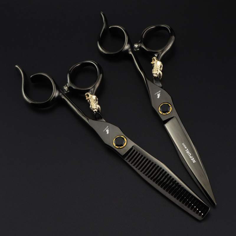 6.0 инча Neptsen черна стоманена дръжка с малък златен тигров лагер винт фризьорски ножици ножици за коса тънки зъби