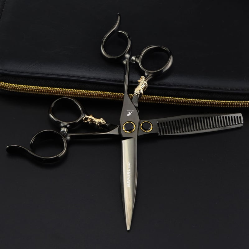 6.0 инча Neptsen черна стоманена дръжка с малък златен тигров лагер винт фризьорски ножици ножици за коса тънки зъби