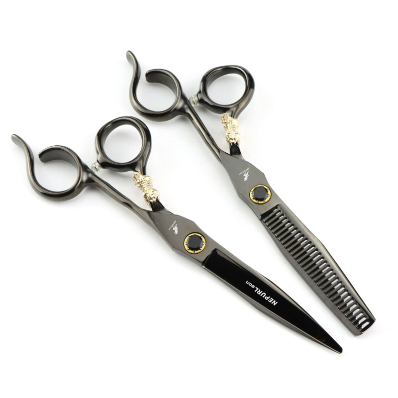 6.0 инча Neptsen черна стоманена дръжка с малък златен тигров лагер винт фризьорски ножици ножици за коса тънки зъби