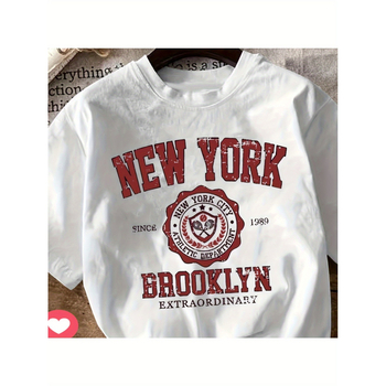 [Europinio dydžio medvilniniai marškinėliai] Niujorko raštuoti apvalios iškirptės marškinėliai - moteriški marškinėliai trumpomis rankovėmis, tinkami visiems sezonams, patogūs laisvalaikio marškinėliai -