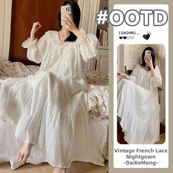 Super fėjos prancūziški naktinukai 2025 m. pavasario ir rudens moteriški ilgomis rankovėmis, nėriniuoti, seksualūs, gryno rūmų stiliaus moteriški pižamos. „Lazy Sense“.
