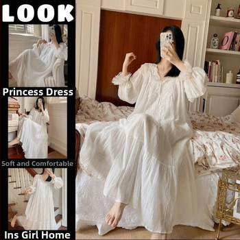 Super fėjos prancūziški naktinukai 2025 m. pavasario ir rudens moteriški ilgomis rankovėmis, nėriniuoti, seksualūs, gryno rūmų stiliaus moteriški pižamos. „Lazy Sense“.