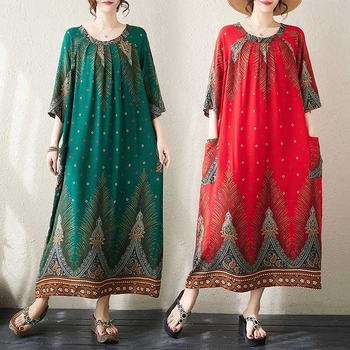 Tikras 2024 m. naujo vasaros stiliaus viskozės literatūrinio didelio dydžio spausdinto storio mm laisvo etninio stiliaus suknelės moterims kadras