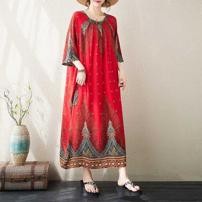 Tikras 2024 m. naujo vasaros stiliaus viskozės literatūrinio didelio dydžio spausdinto storio mm laisvo etninio stiliaus suknelės moterims kadras