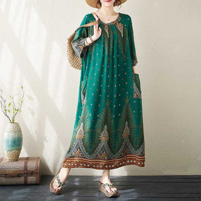 Tikras 2024 m. naujo vasaros stiliaus viskozės literatūrinio didelio dydžio spausdinto storio mm laisvo etninio stiliaus suknelės moterims kadras