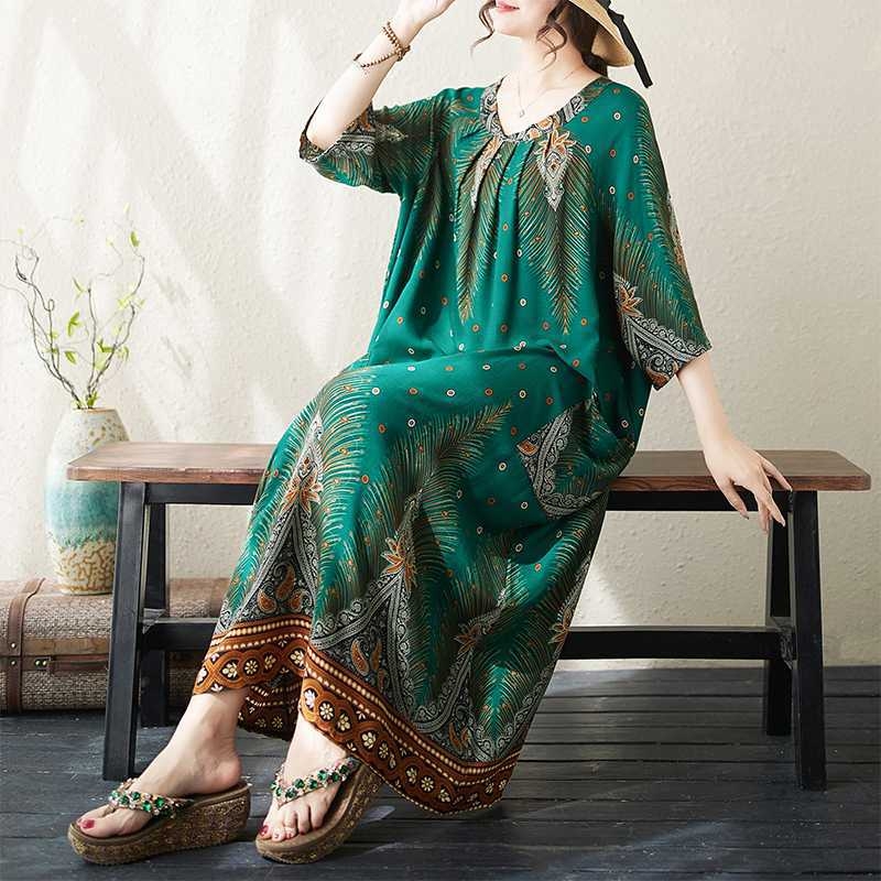 Tikras 2024 m. naujo vasaros stiliaus viskozės literatūrinio didelio dydžio spausdinto storio mm laisvo etninio stiliaus suknelės moterims kadras