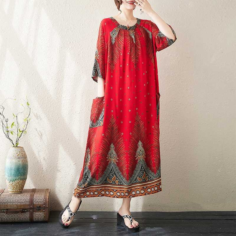 Tikras 2024 m. naujo vasaros stiliaus viskozės literatūrinio didelio dydžio spausdinto storio mm laisvo etninio stiliaus suknelės moterims kadras